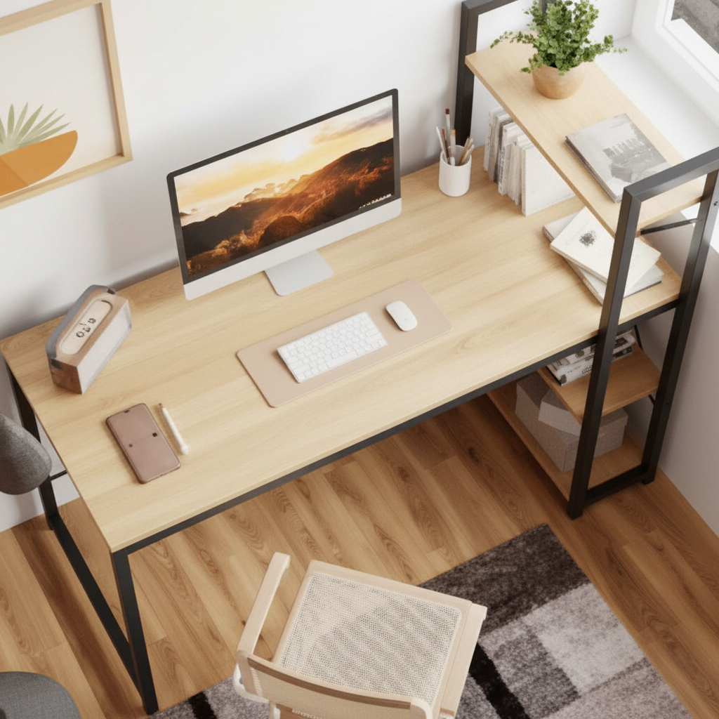 Modern Wooden Study Desk with Shelving
