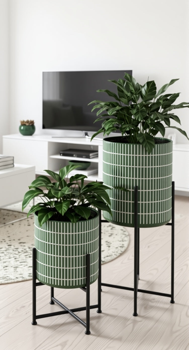 Green Planter with Black Metal Stand