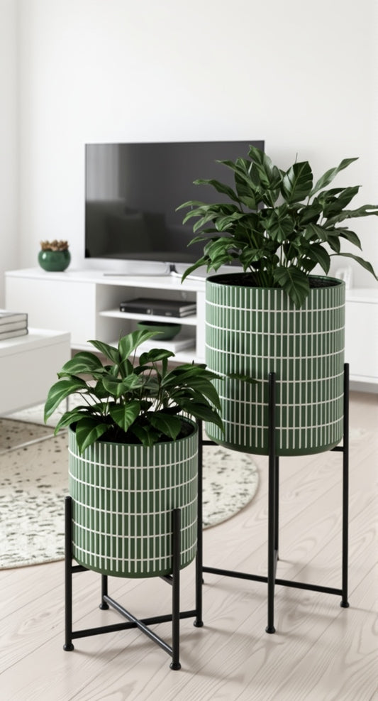Green Planter with Black Metal Stand